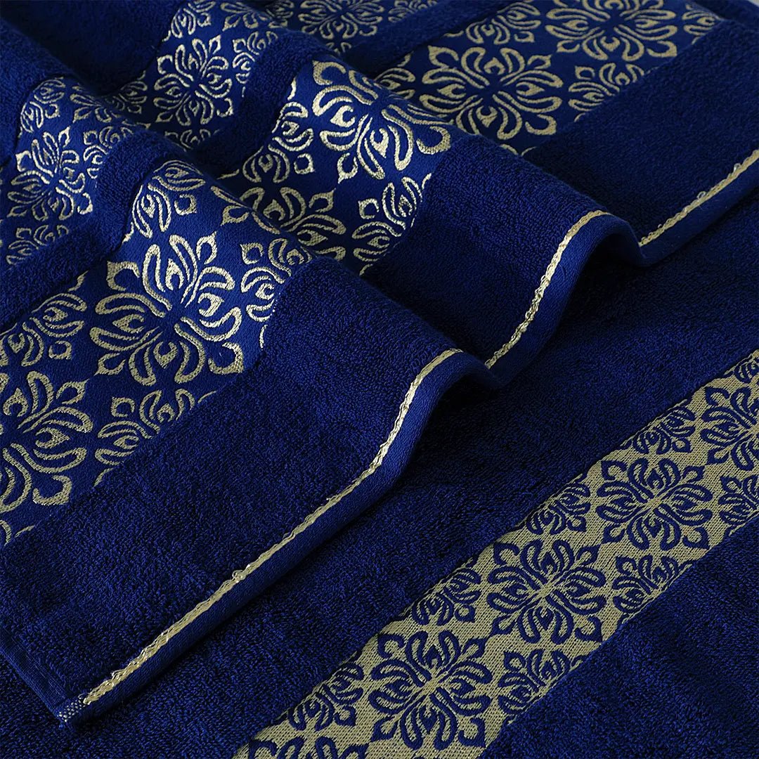 100% Cotton Jacquard Towel Set – Navy Flower, 3 Pc, 500 GSM, Soft, Absorbent & Durable - Lotus