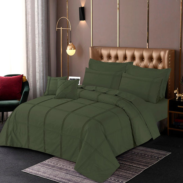 Square Pleated Duvet Cover 8 Pcs Set Olive Green Pinstripe-40275 RFS