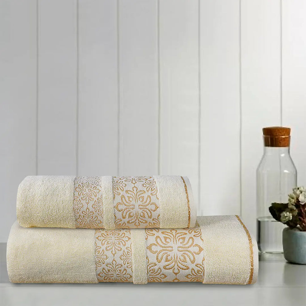 Cream Flower - 2-Pcs Jacquard Towel Set