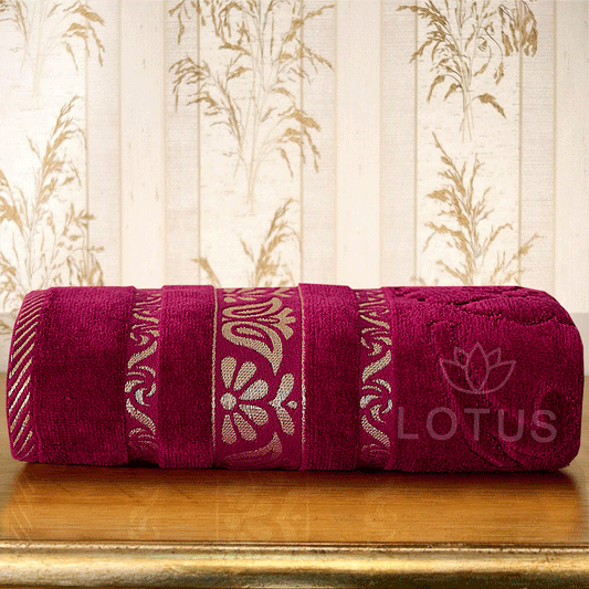 100% Cotton Jacquard Bath Towel – Maroon Imperial Leaf, 1 Pc, 500 GSM, Soft, Absorbent & Durable