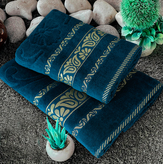 100% Cotton Jacquard Towel Set – Teal Imperial Leaf, 2 Pc, 500 GSM, Soft, Absorbent & Durable