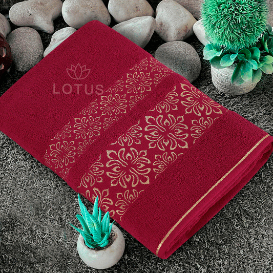 100% Cotton Jacquard Bath Towel – Maroon Flower, 1 Pc, 500 GSM, Soft, Absorbent & Durable