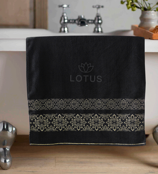 100% Cotton Jacquard Bath Towel – Jet Black Flower, 1 Pc, 500 GSM, Soft, Absorbent & Durable