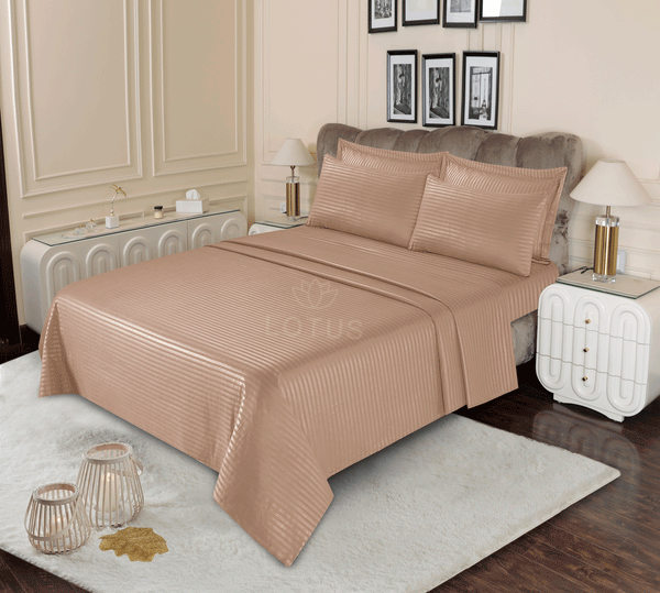 Beige Stripe Sateen - Bed Sheet Set King