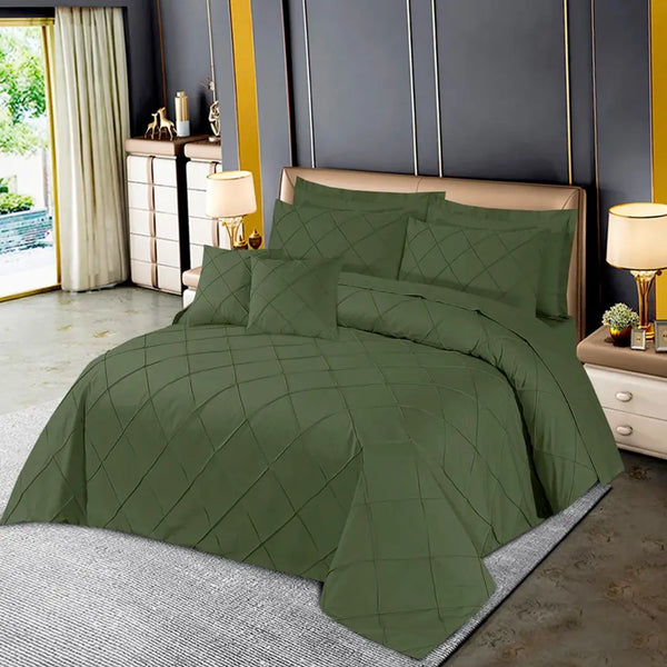 Diagonal Pleated Duvet Cover Set 8 Pcs Olive Green Pinstripe-40278 RFS
