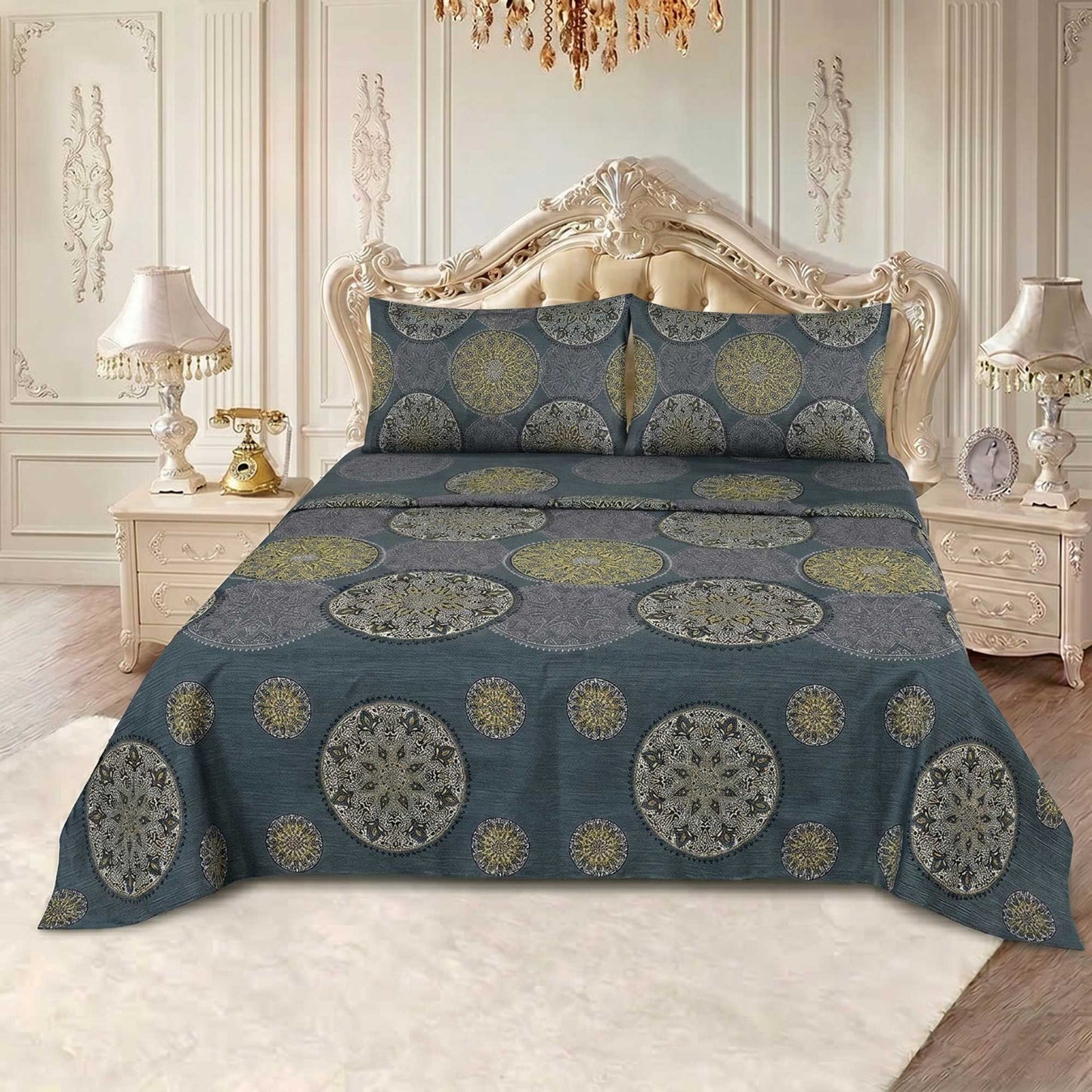 Decorative bedspread with circular patterns on a bed in an elegant bedroom.