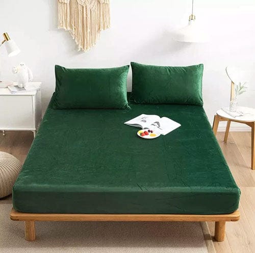 Velvet Fitted Bed Sheet Set Green King RFS-30331