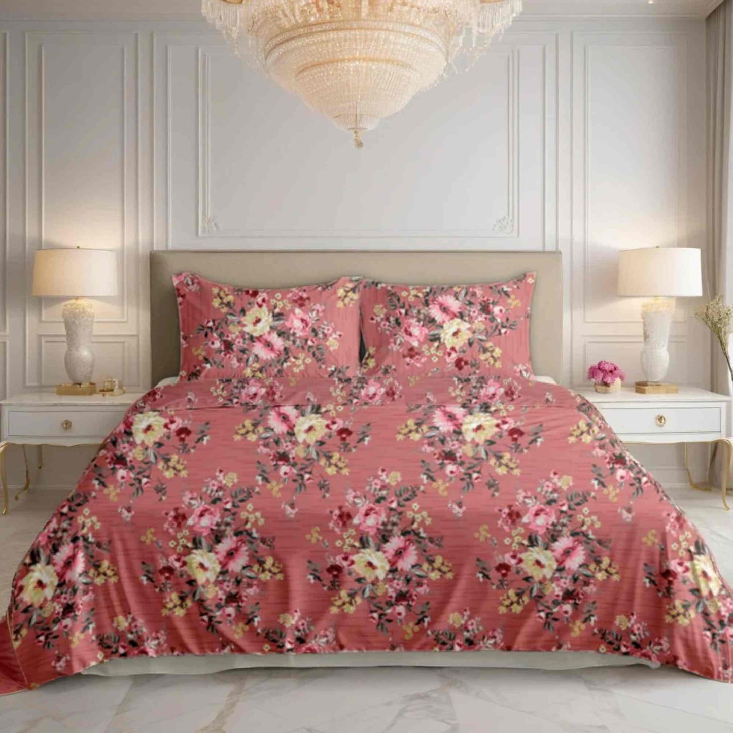 Floral bedding set on a bed in a bedroom with decorative lamps and a chandelier.