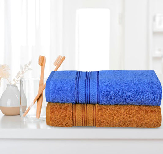 Bath Towel V Fancy Border (Pack Of 2) Mustard & Blue - 524 - Lotus