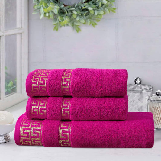 Hot Pink Greek Key - 3 - Pcs Jacquard Towel Set - Lotus