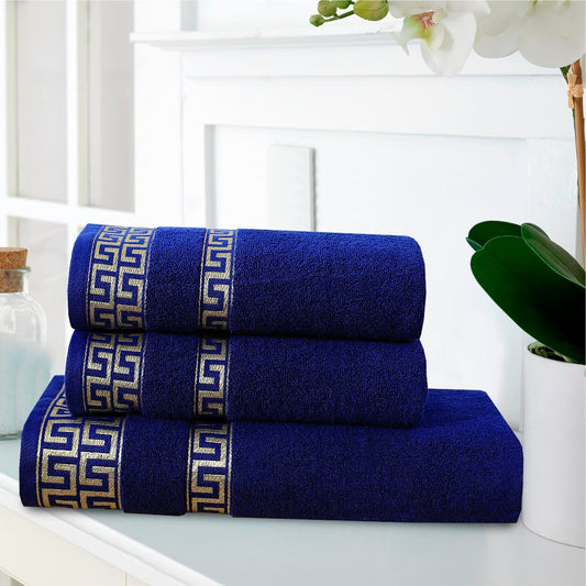 Midnight Blue Greek Key - 3 - Pcs Jacquard Towel Set - Lotus