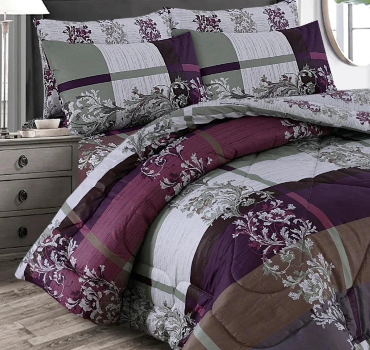 Plum Floral Checkered - Summer Comforter Set - Lotus
