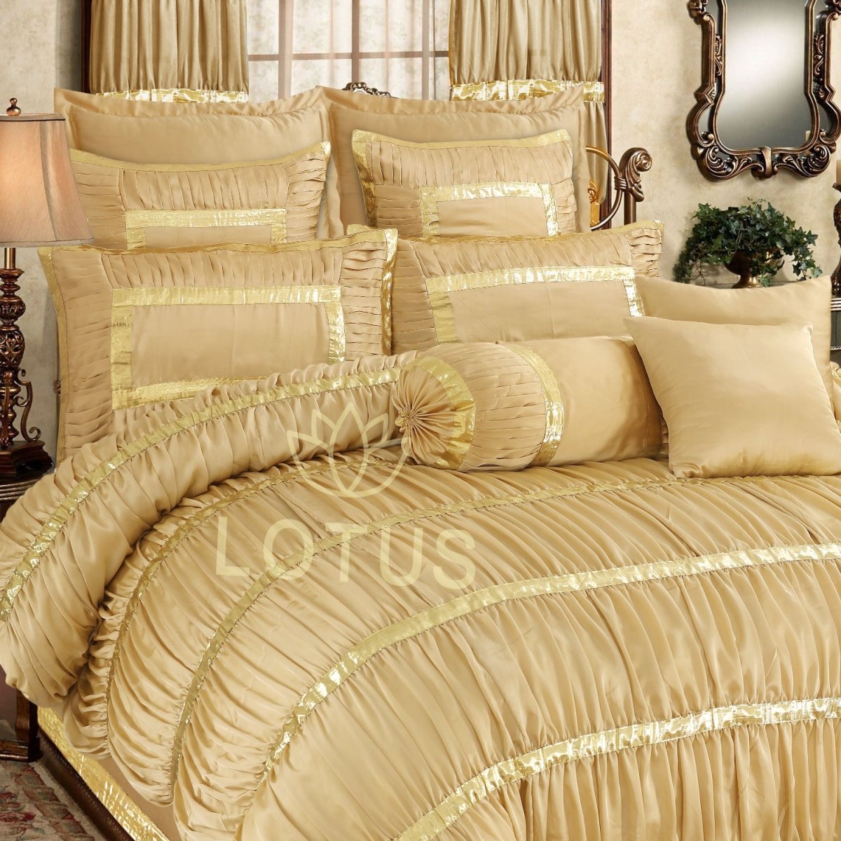 Silk Ruffled & Embellished luxury Bridal Duvet Cover Set Skin Golden 12 Pcs - 40256 RFS - Lotus
