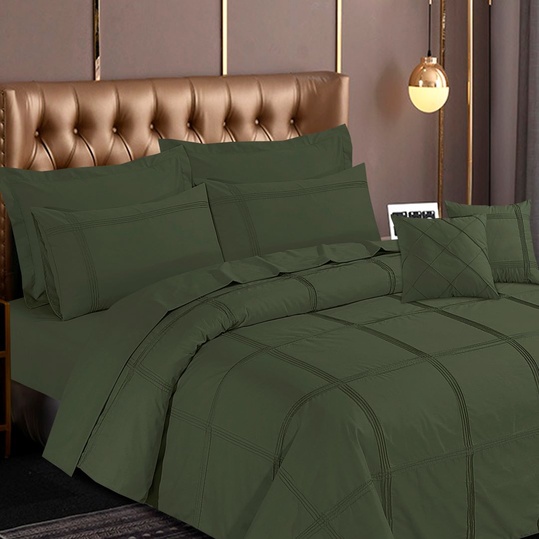 Square Pleated Duvet Cover 8 Pcs Set Olive Green Pinstripe - 40275 RFS - Lotus