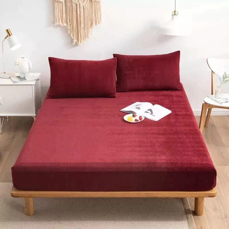 Velvet Fitted Bed Sheet Set Maroon King RFS - 30339 - Lotus