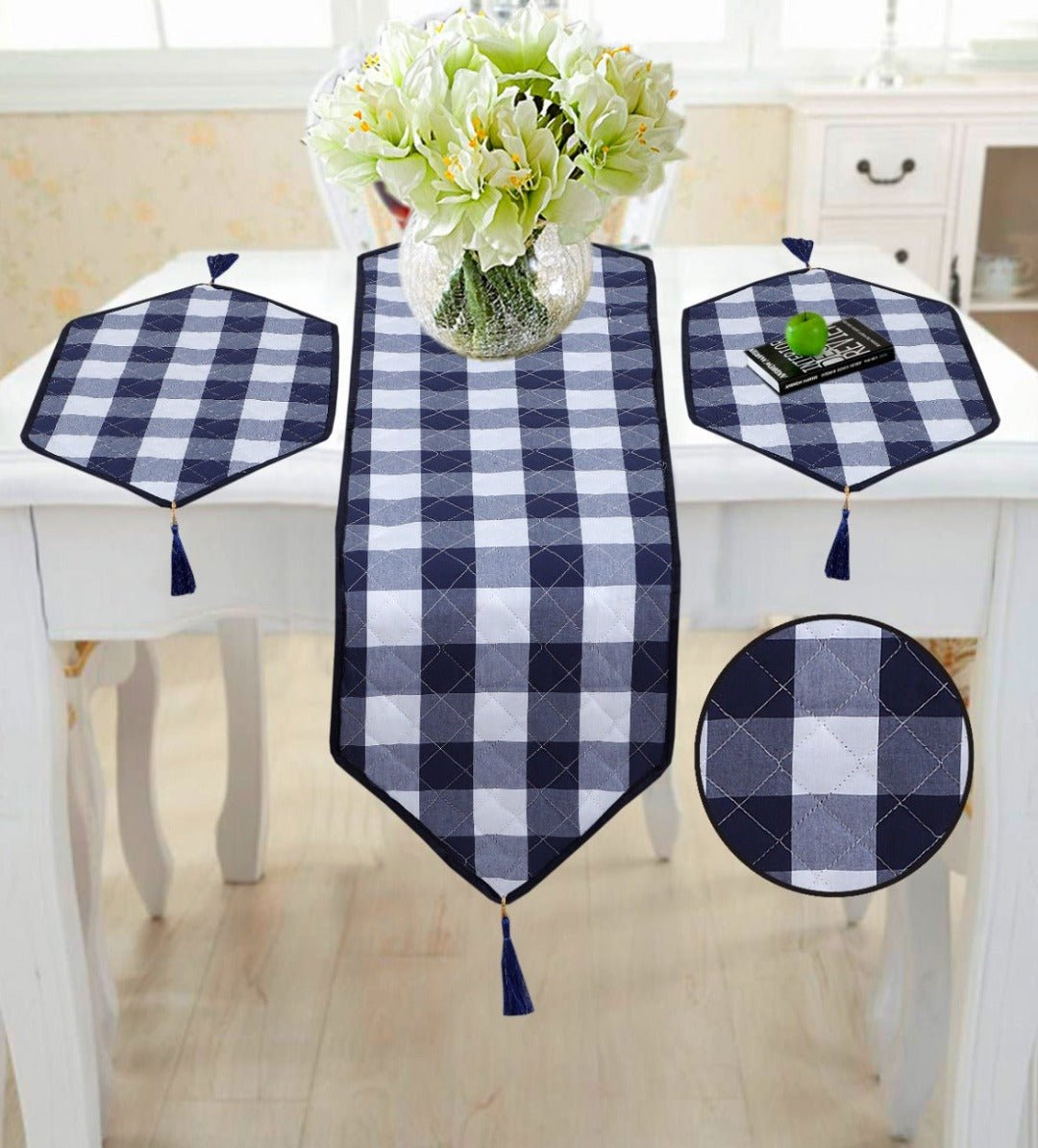 3 Pcs Quilted Table Runner Set Blue & White Check - 712 OS - Lotus
