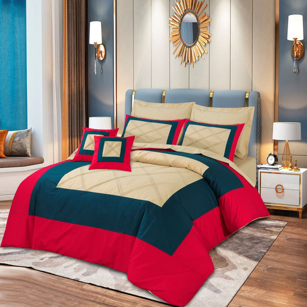 Square plated  Duvet Cover 8 Pcs  Set Red & Beige-40180 RFS