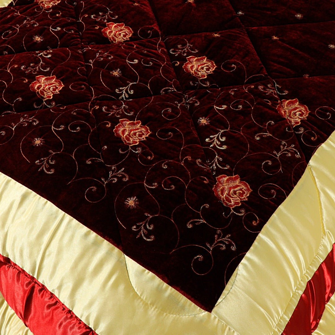 Bridal Comforter Set Velvet Silk Chocolate Red & Golden - 40196 - Lotus