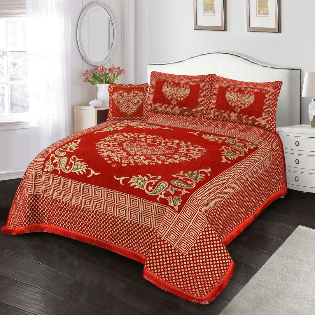 Jacquard Velvet Bed Sheet Set 4 pcs Heart Red King - 40212 RFS - Lotus
