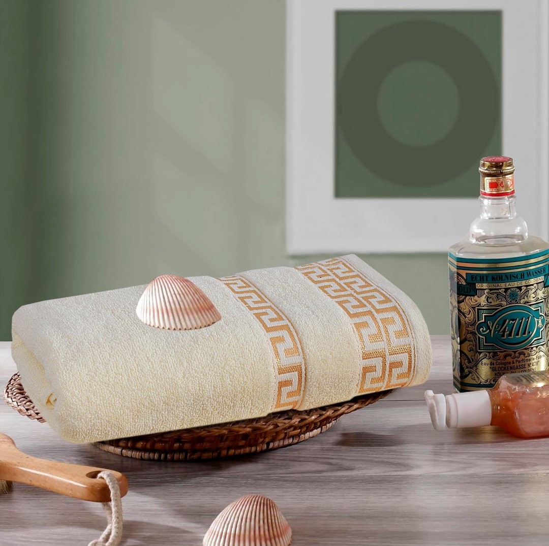 100% Cotton Jacquard Bath Towel – Cream Greek Key, 1 Pc, 500 GSM, Soft, Absorbent & Durable - Lotus