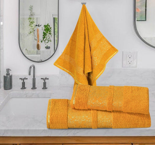 100% Cotton Jacquard Towel Set – Yellow Flower, 3 Pc, 500 GSM, Soft, Absorbent & Durable - Lotus