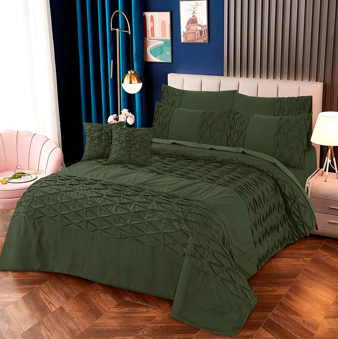 Zigzag Pleated Duvet Cover 8 Pcs Set Olive Green Pinstripe-40276 RFS