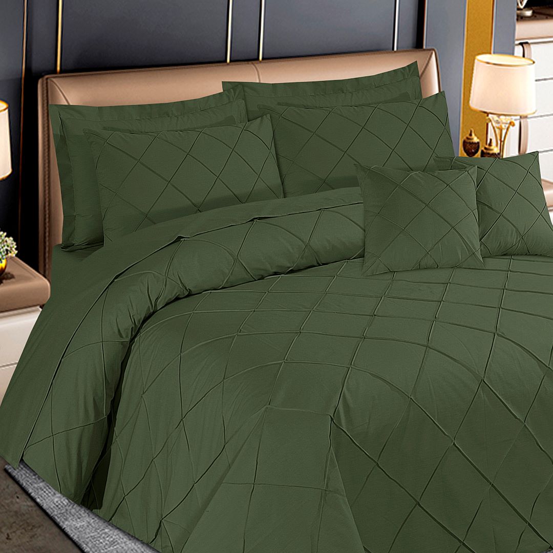 Diagonal Pleated Duvet Cover Set 8 Pcs Olive Green Pinstripe-40278 RFS