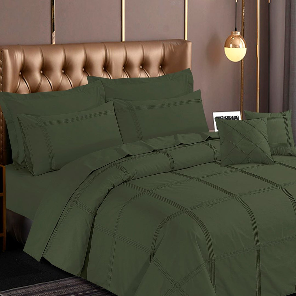 Square Pleated Duvet Cover 8 Pcs Set Olive Green Pinstripe-40275 RFS