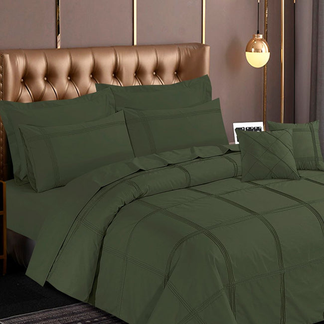 Square Pleated Duvet Cover 8 Pcs Set Olive Green Pinstripe-40275 RFS Main Image