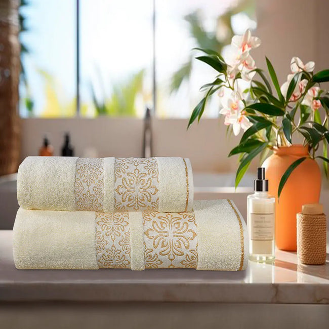 Cream Flower - 2-Pcs Jacquard Towel Set Hover Image
