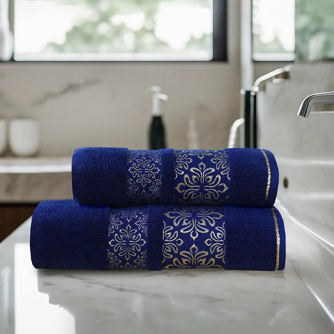 2-Pcs Towel Set Flower Navy-591 Main Image