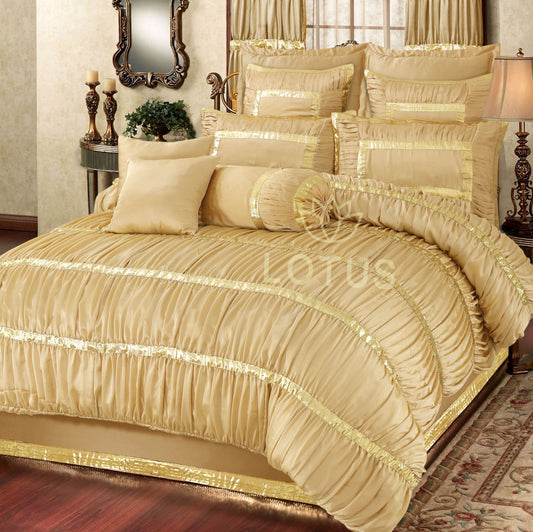 Silk Ruffled & Embellished luxury Bridal Duvet Cover Set Skin Golden 12 Pcs-40256 RFS