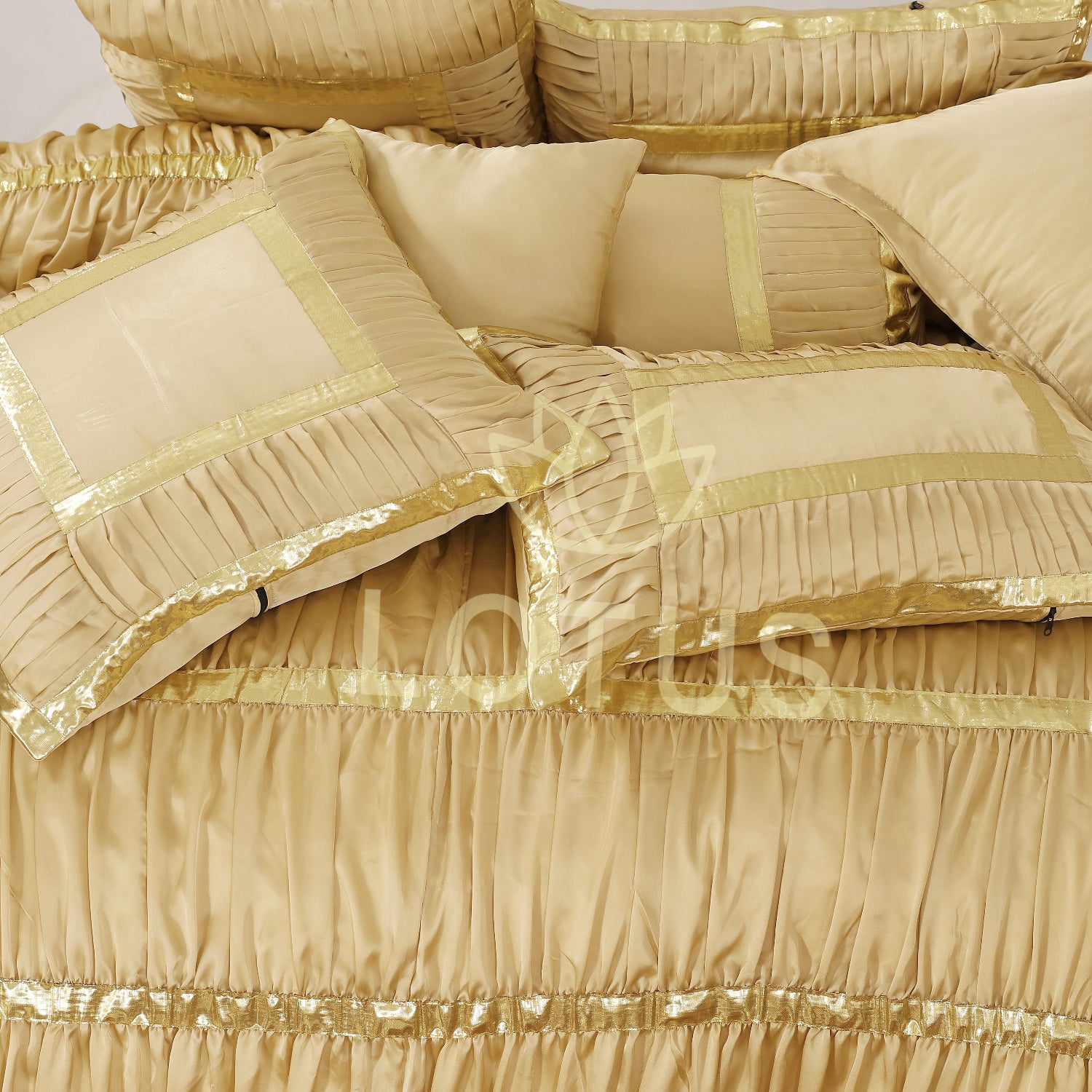 Silk Ruffled & Embellished luxury Bridal Duvet Cover Set Skin Golden 12 Pcs-40256 RFS