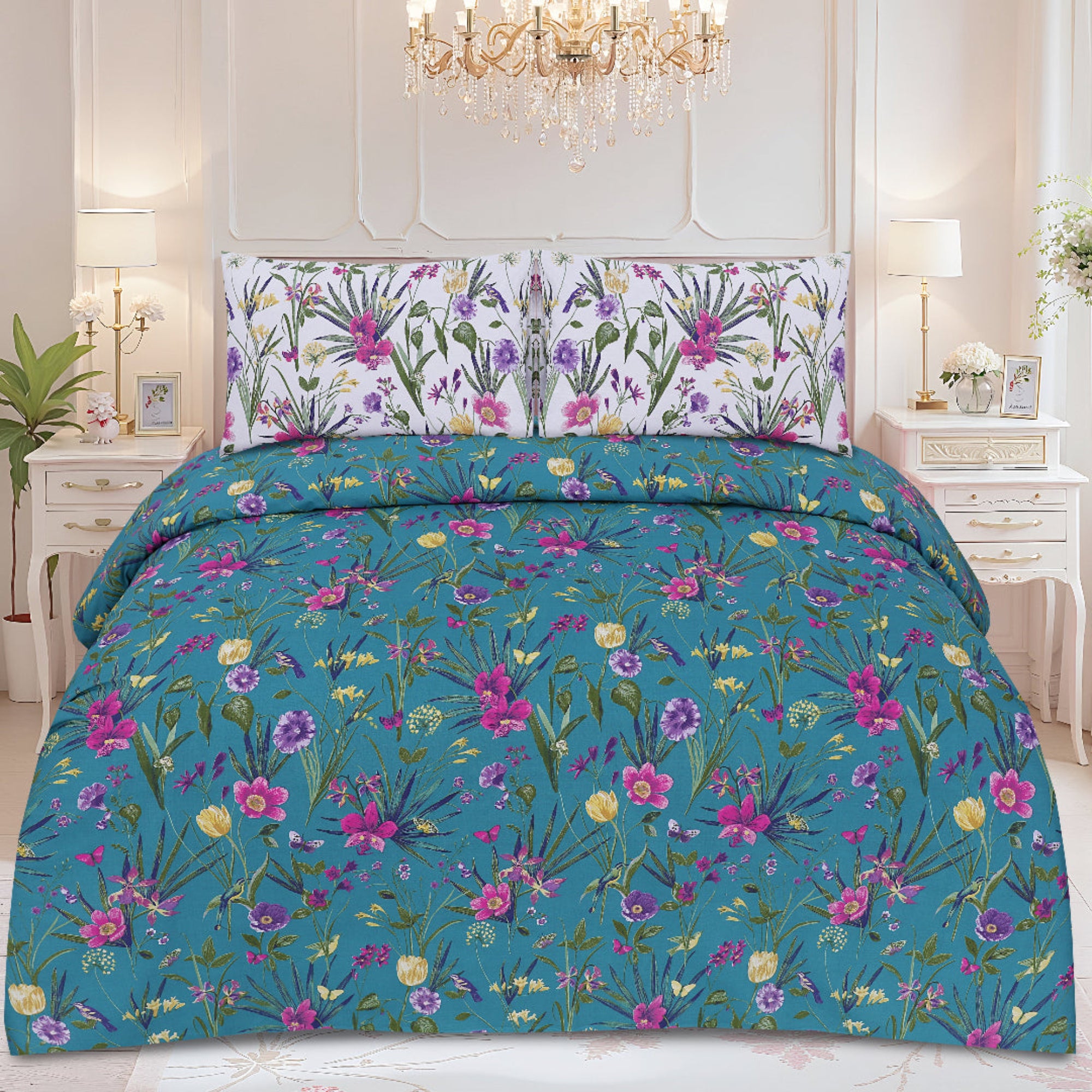 Floral bedding set on a bed in a bedroom with a chandelier.