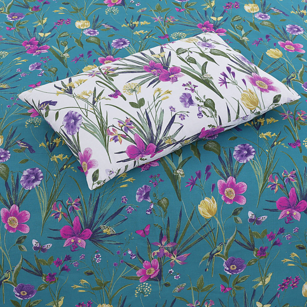 Floral-patterned pillowcase on a floral background