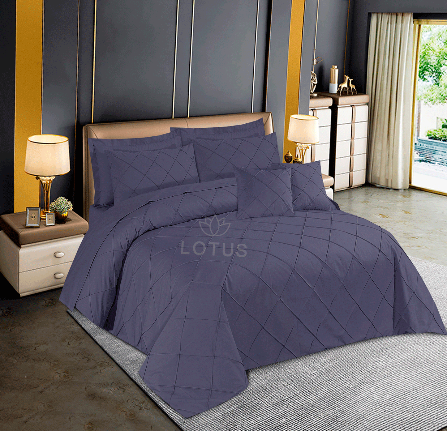 Ultra Soft Diagonal Pleated Duvet Cover Set – Gray, King Size, 8 Pc