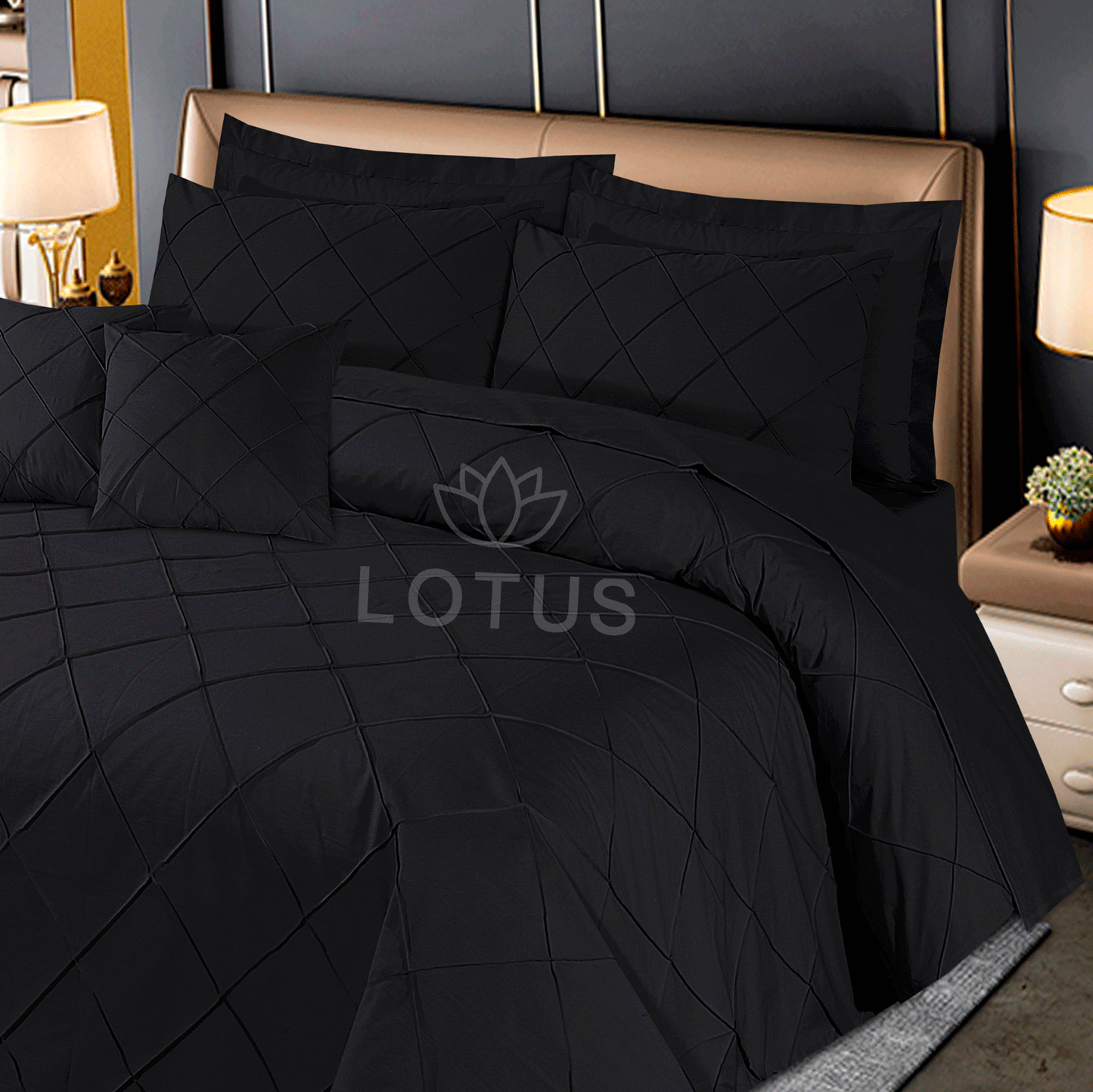 Ultra Soft Diagonal Pleated Duvet Cover Set – Black, King Size, 8 Pc