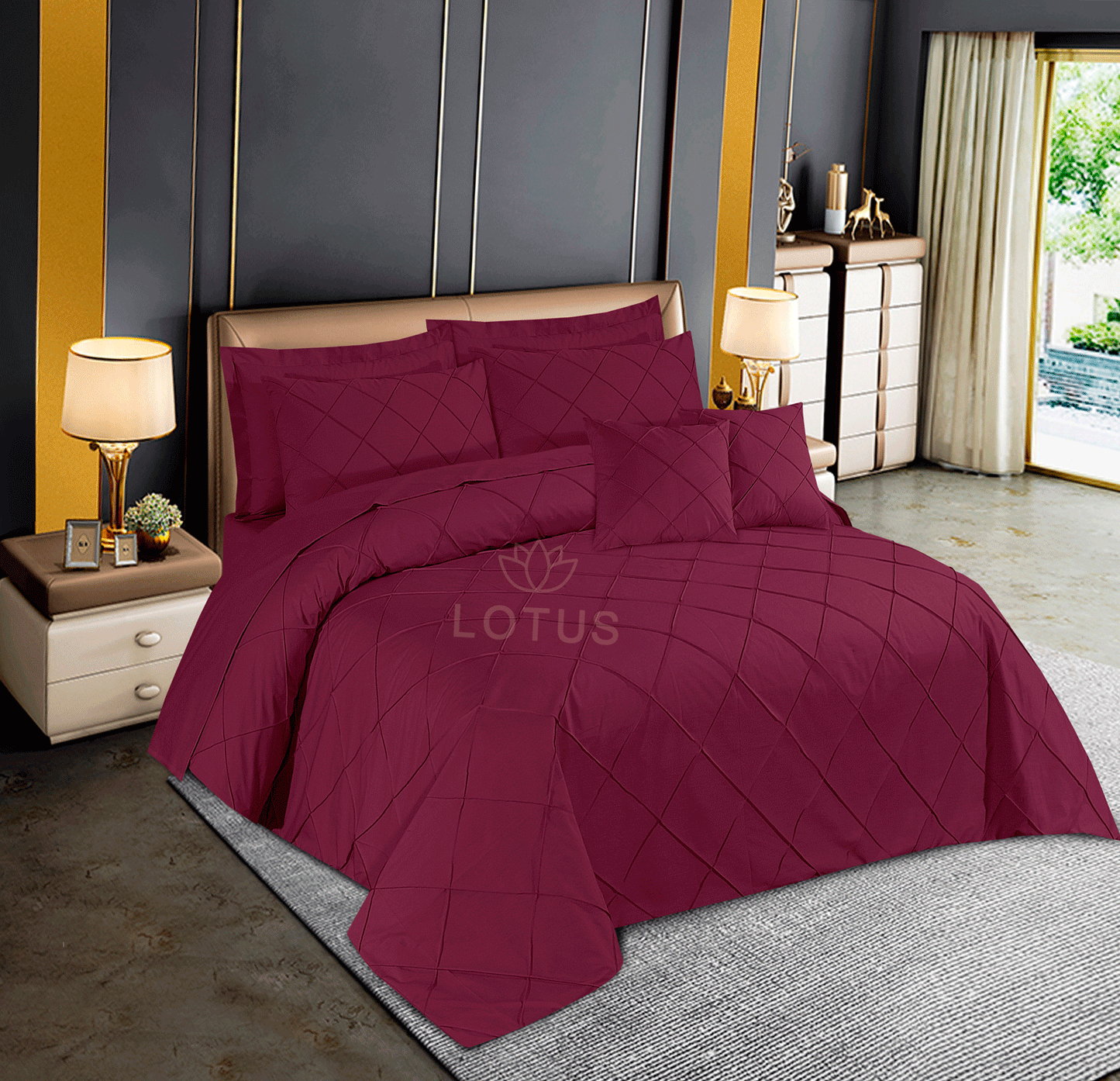 Ultra Soft Diagonal Pleated Duvet Cover Set – Maroon, King Size, 8 Pc