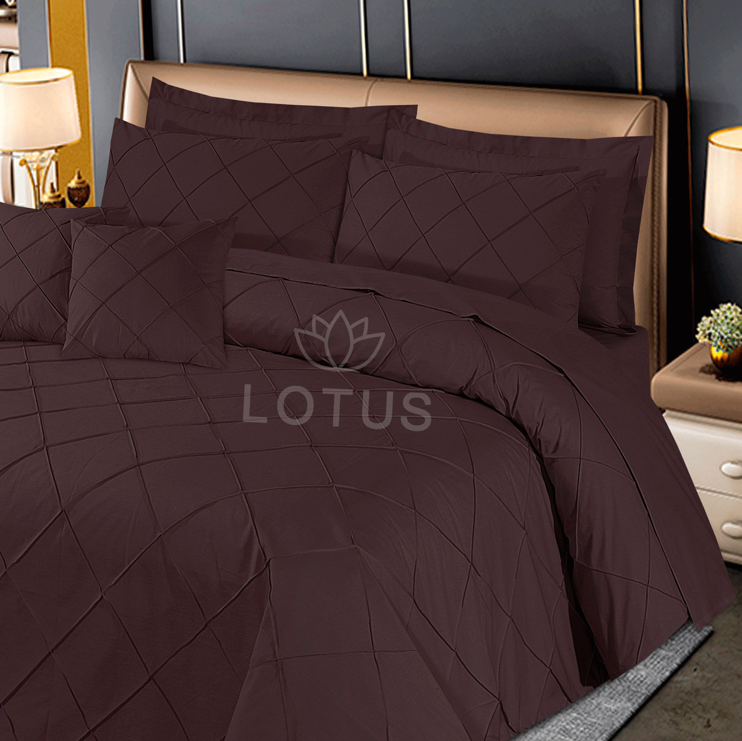 Ultra Soft Diagonal Pleated Duvet Cover Set – Chocolate, King Size, 8 Pc