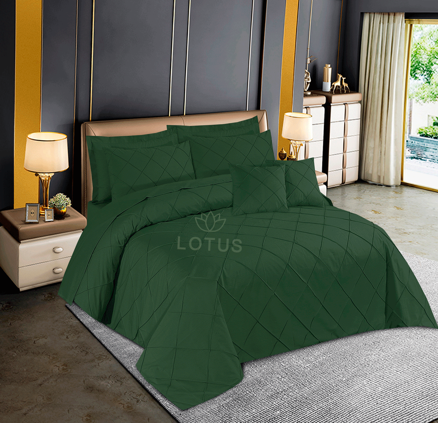 Ultra Soft Diagonal Pleated Duvet Cover Set – Green, King Size, 8 Pc