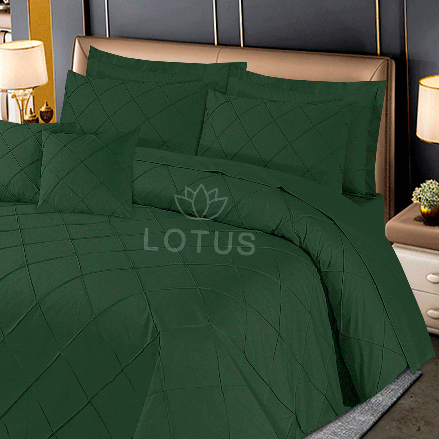 Ultra Soft Diagonal Pleated Duvet Cover Set – Green, King Size, 8 Pc
