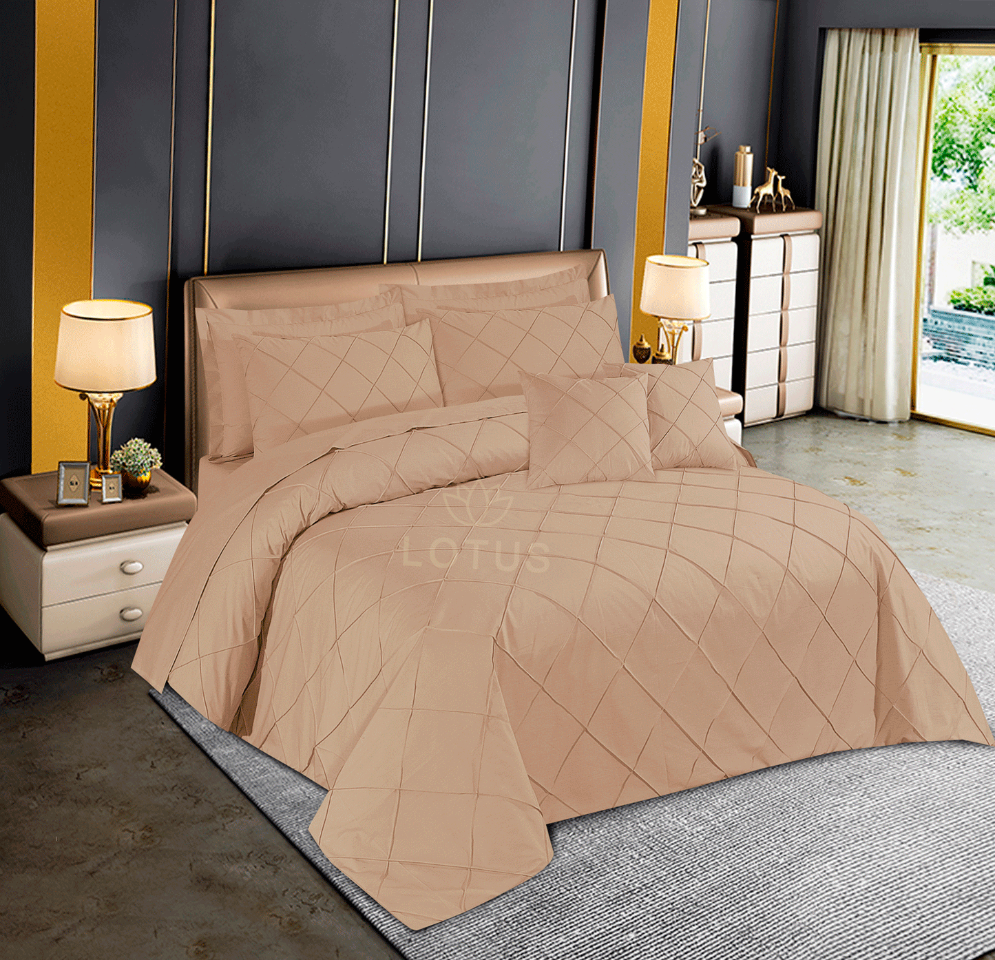 Ultra Soft Diagonal Pleated Duvet Cover Set – Beige, King Size, 8 Pc