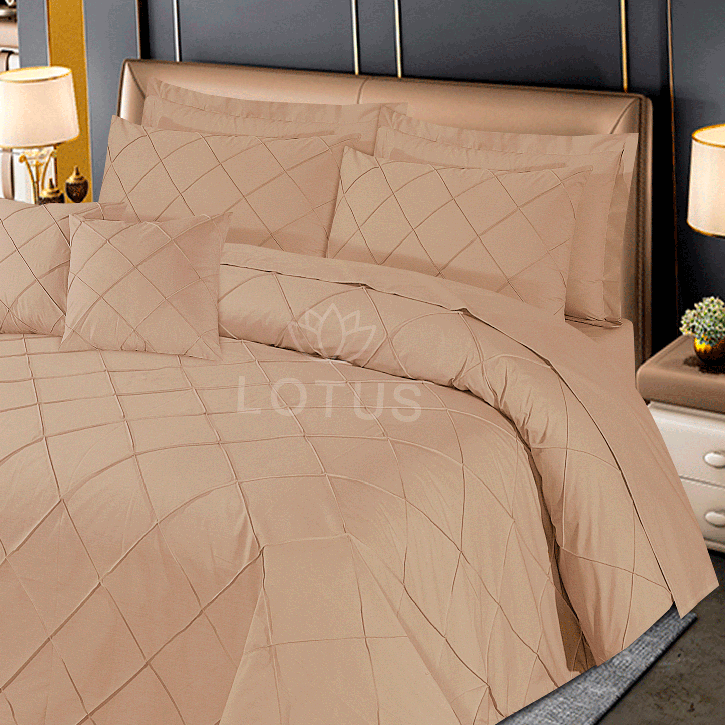 Ultra Soft Diagonal Pleated Duvet Cover Set – Beige, King Size, 8 Pc