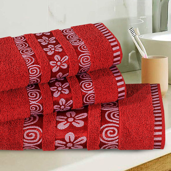 3-Pcs Towel Set Flower & Circle Maroon-443 Hover Image