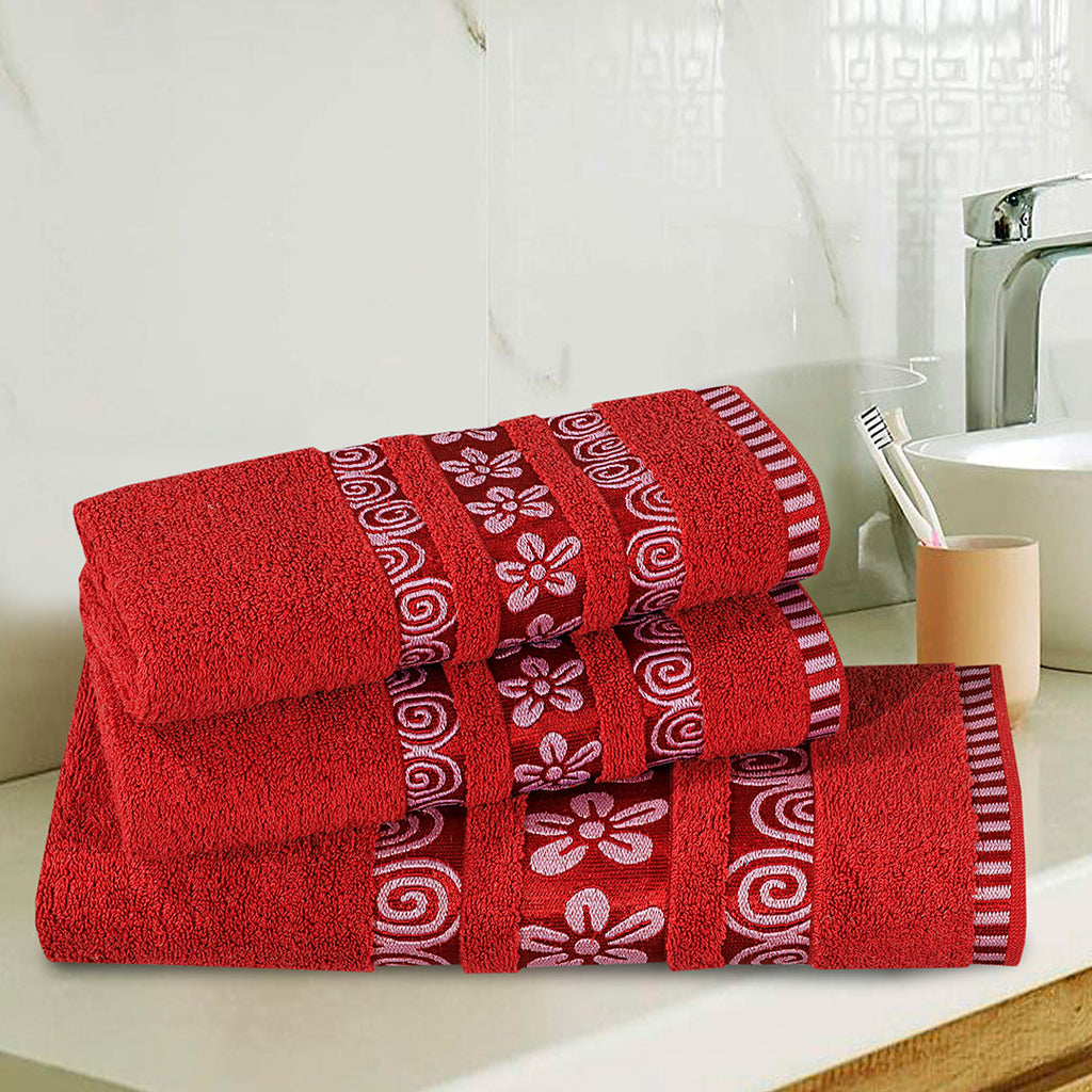 3-Pcs Towel Set Flower & Circle Maroon-443