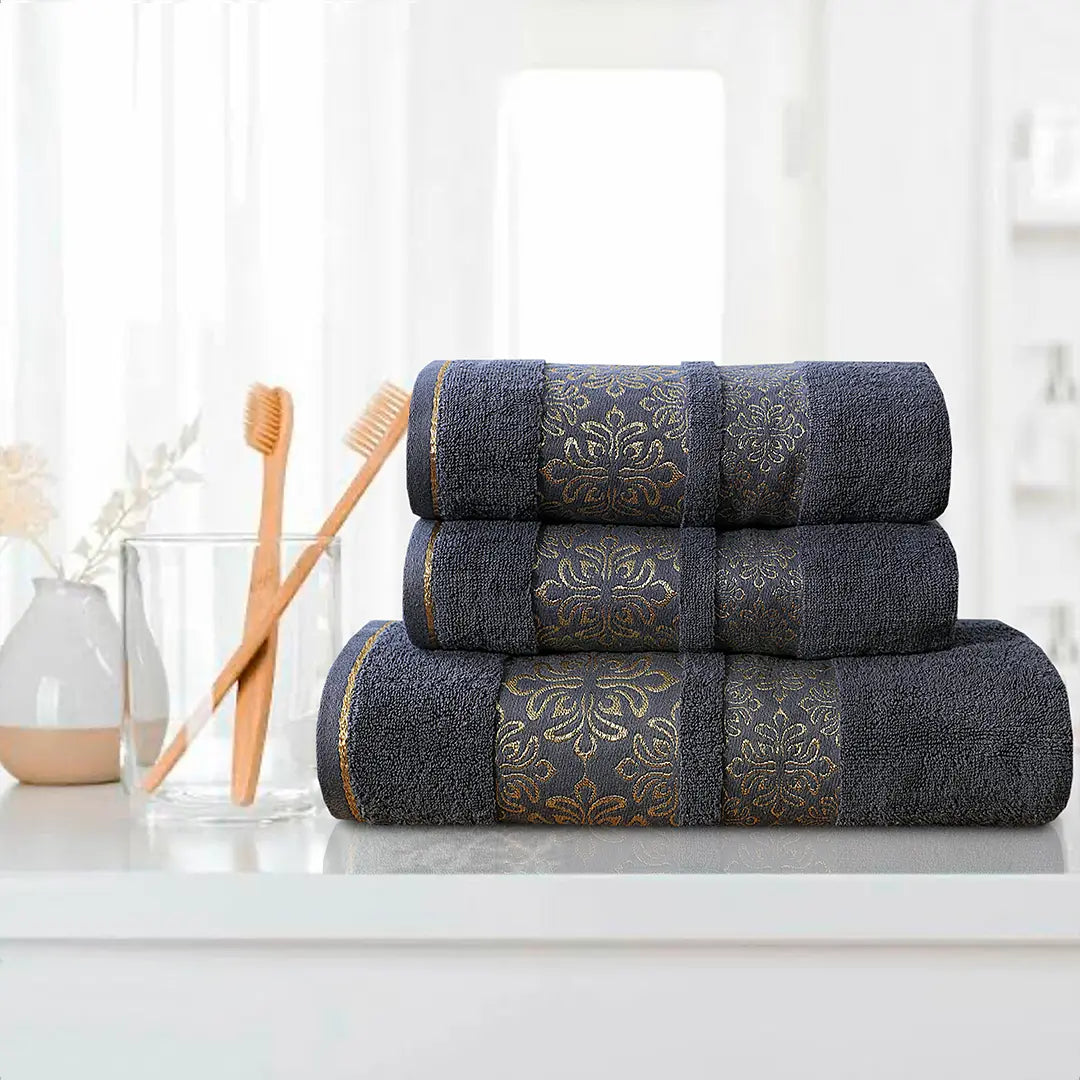 Gray Flower - 3-Pcs Jacquard Towel Set