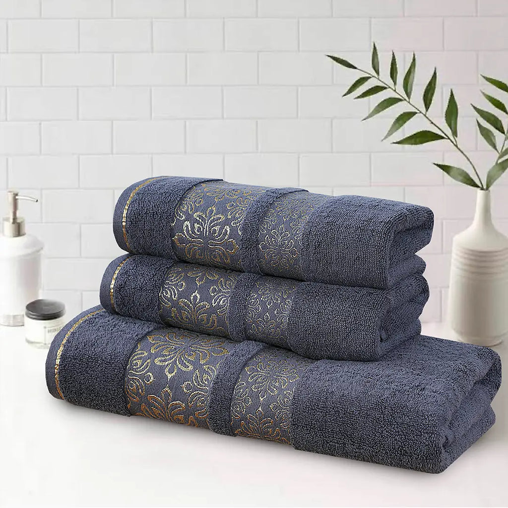 Gray Flower - 3-Pcs Jacquard Towel Set
