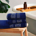 Navy Flower - 3-Pcs Jacquard Towel Set