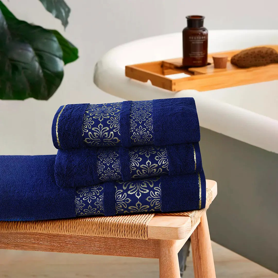 100% Cotton Jacquard Towel Set – Navy Flower, 3 Pc, 500 GSM, Soft, Absorbent & Durable