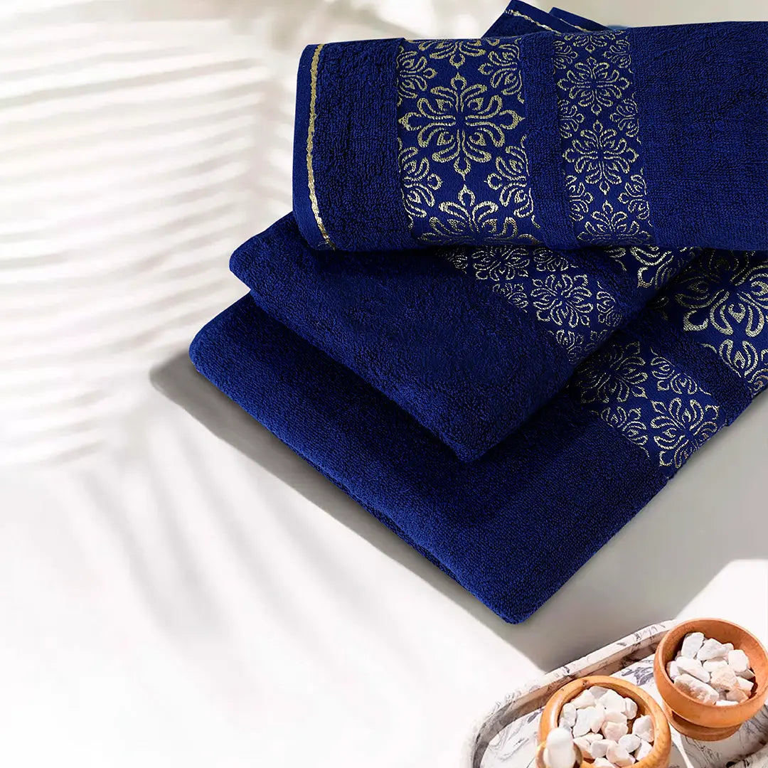 100% Cotton Jacquard Towel Set – Navy Flower, 3 Pc, 500 GSM, Soft, Absorbent & Durable